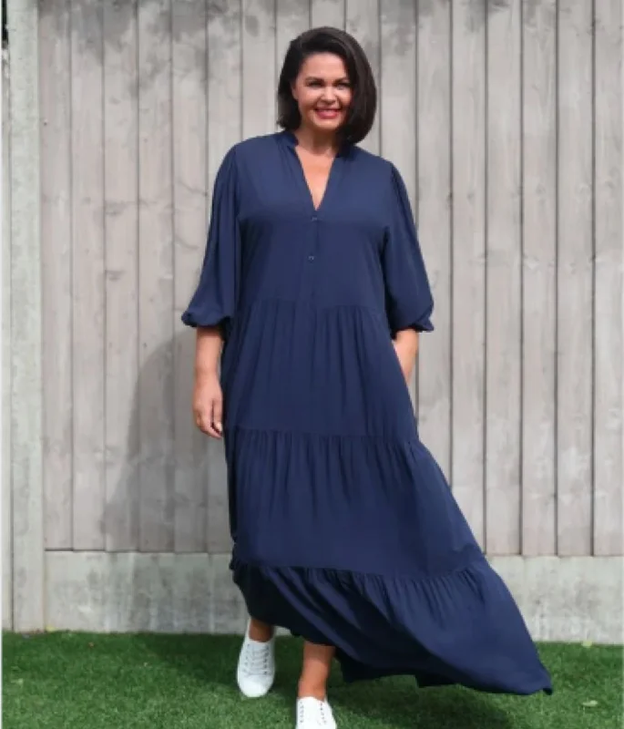 Spring Shirt Dress-Navy Tiered Maxi Shirt Dress