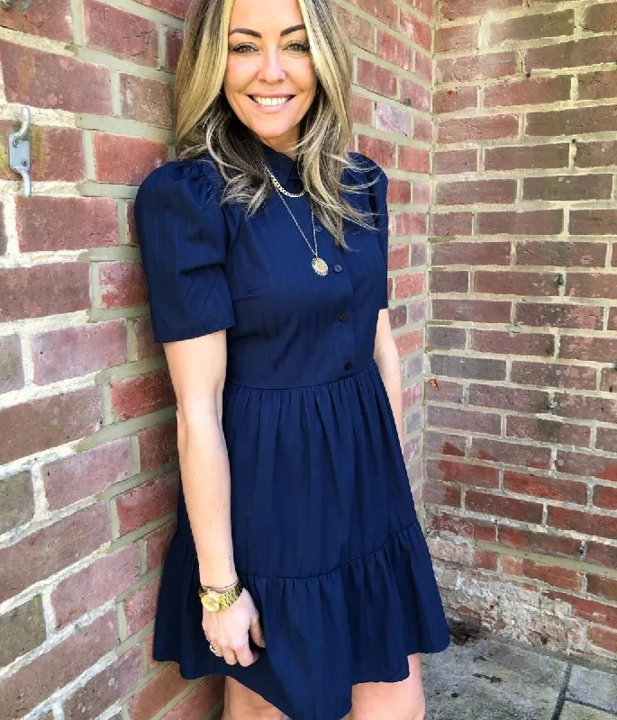 Cozy Shirt Dress-Navy Tiered Shirt Dress