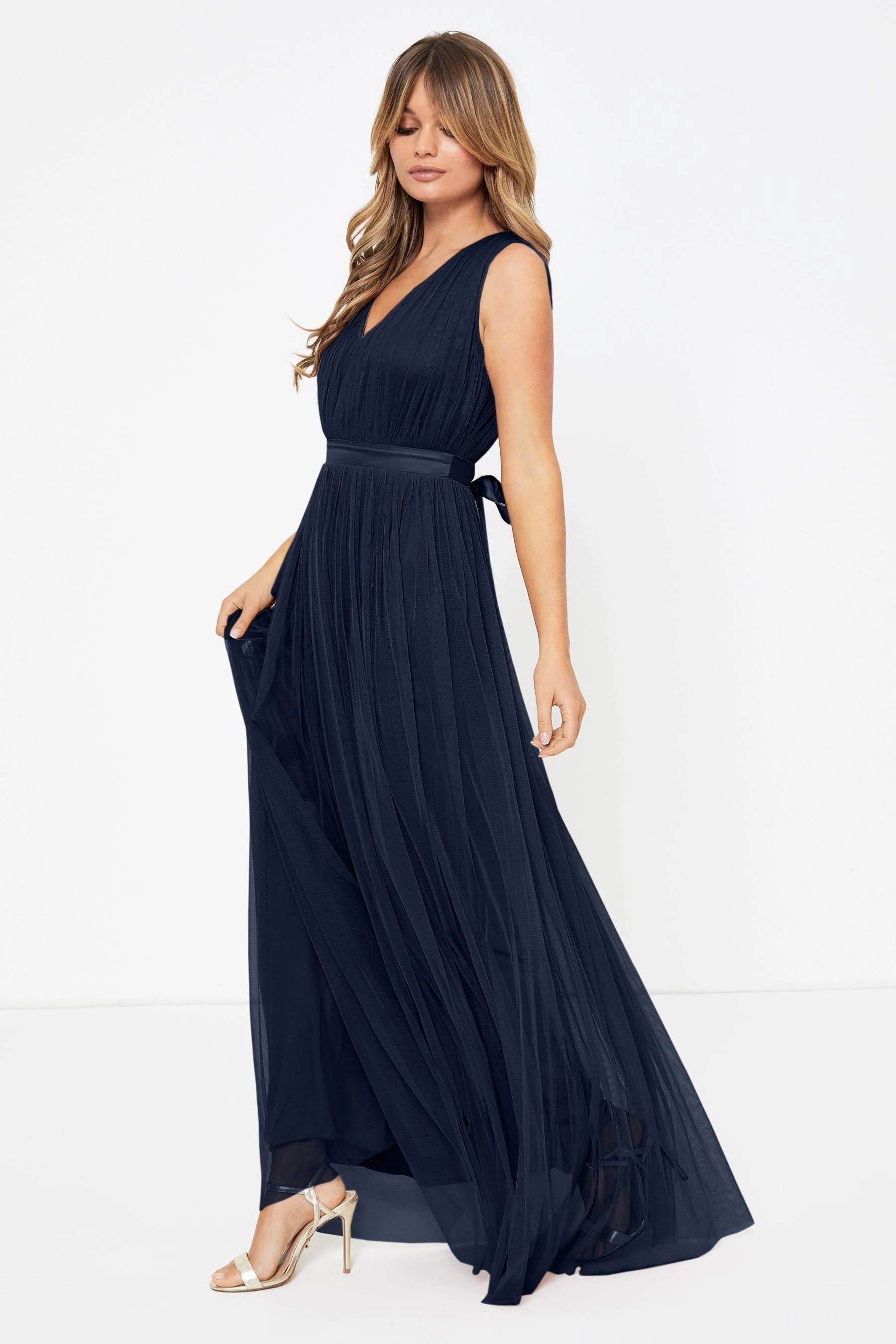 Women's V-neck Slip Maxi Dress-Navy Tulle Maxi Dress