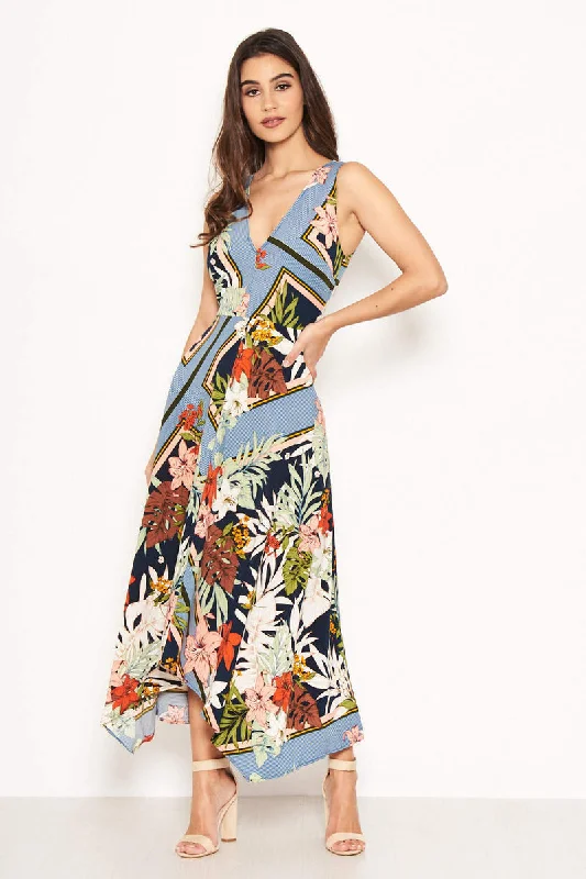 Women's Shiny Maxi Dress-Navy V-Neck Tropical Maxi Dress