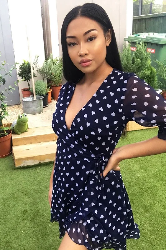 Wrap Dress for Tropical Getaway -Red Satin Wrap Dress -Navy White Heart Print Wrap Front Dress - Selene Wrap Dress for Tropical Getaway -Red Satin Wrap Dress -Navy White Heart Print Wrap Front Dress - Selene