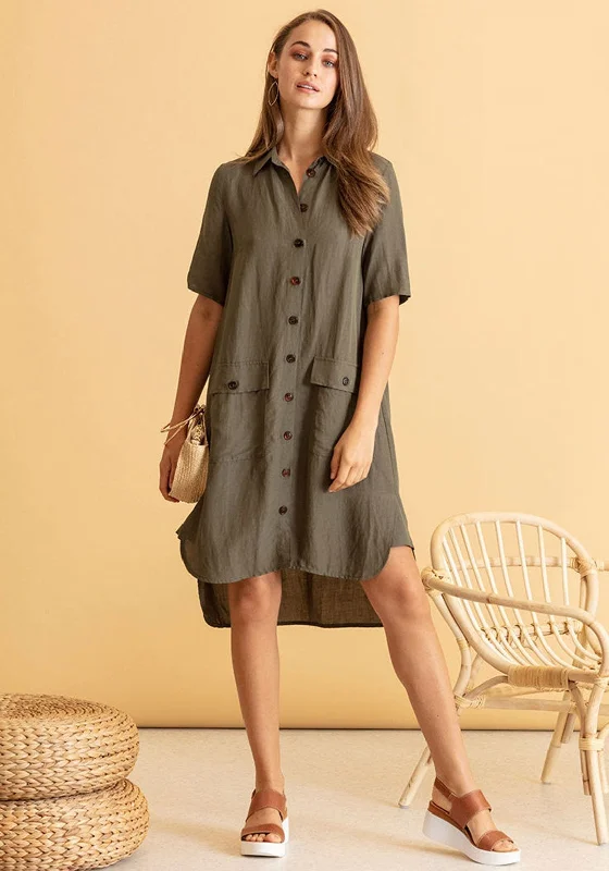 White Button-down Shirt Dress-Naya Linen Blend Shirt Dress, Khaki Green