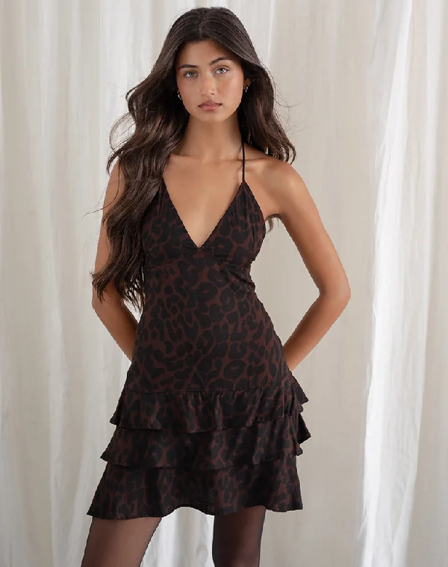 Women's Polka Dot Sleeveless Mini Dress-Nenita Halterneck Mini Dress in Oversize Jaguar Brown