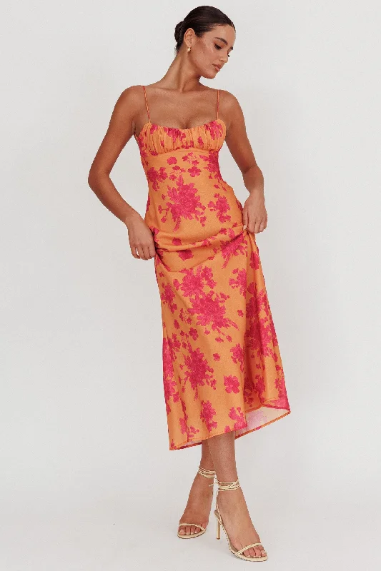 Women's Maxi Dress with Embellishments-Nerida Low Back Twist Floral Maxi Dress Orange