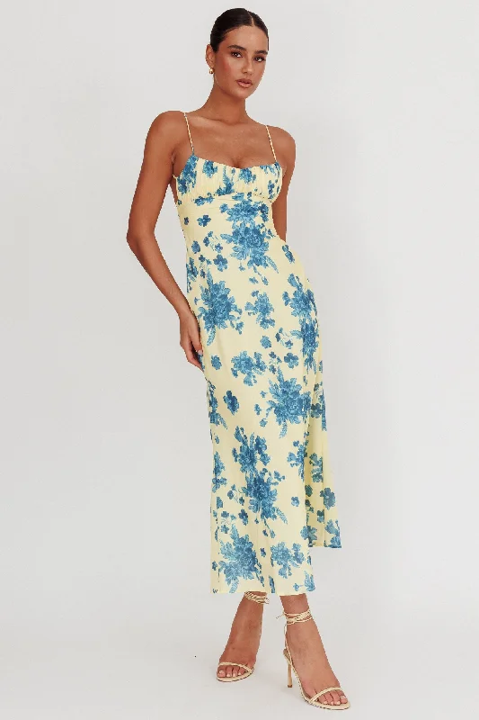 Women's Lace Tiered Maxi Dress-Nerida Low Back Twist Floral Maxi Dress Yellow
