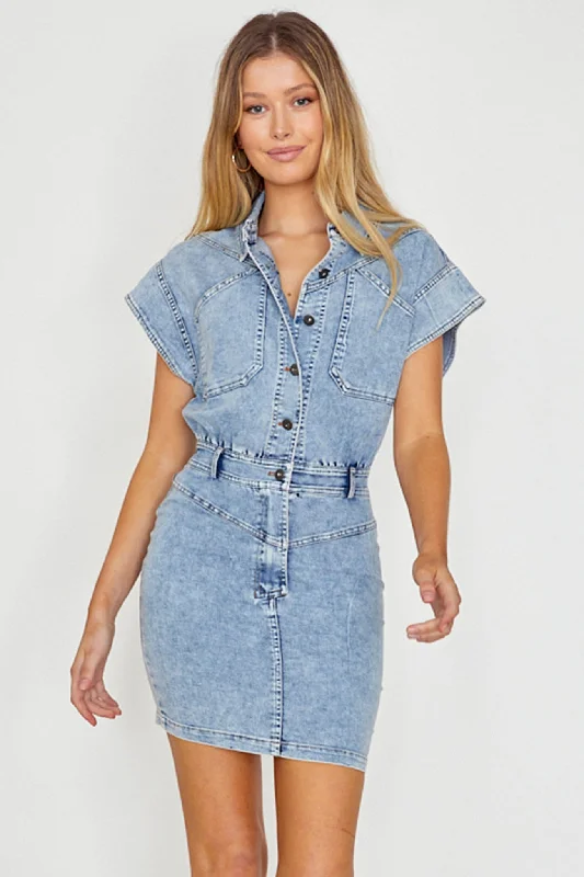 Women's Polka Dot Puff Sleeve Mini Dress-New Day Short Sleeve Button-Up Mini Dress Denim