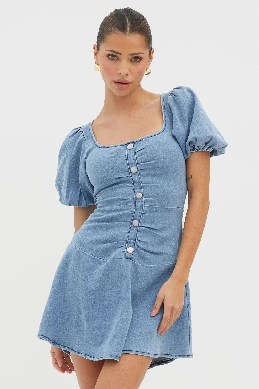 Women's Ruched Mini Dress-New Heights Puff Sleeve Mini Dress Denim Blue