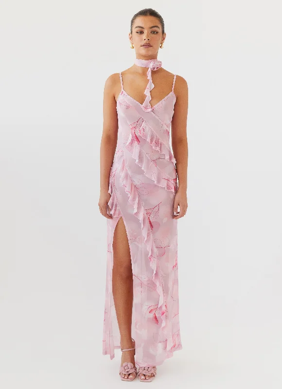 Women's Long Sleeve Wrap Maxi Dress-New Romantics Mesh Maxi Dress - Soft Pink