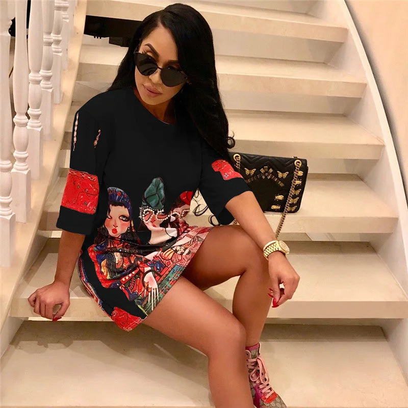 Red Plaid Shirt Dress-New Summer Short Sleeve T Shirt Dress Women Fashion Cartoon Print Hip Hop Loose Mini Dress Ladies Casual Shift Dresses Plus Size