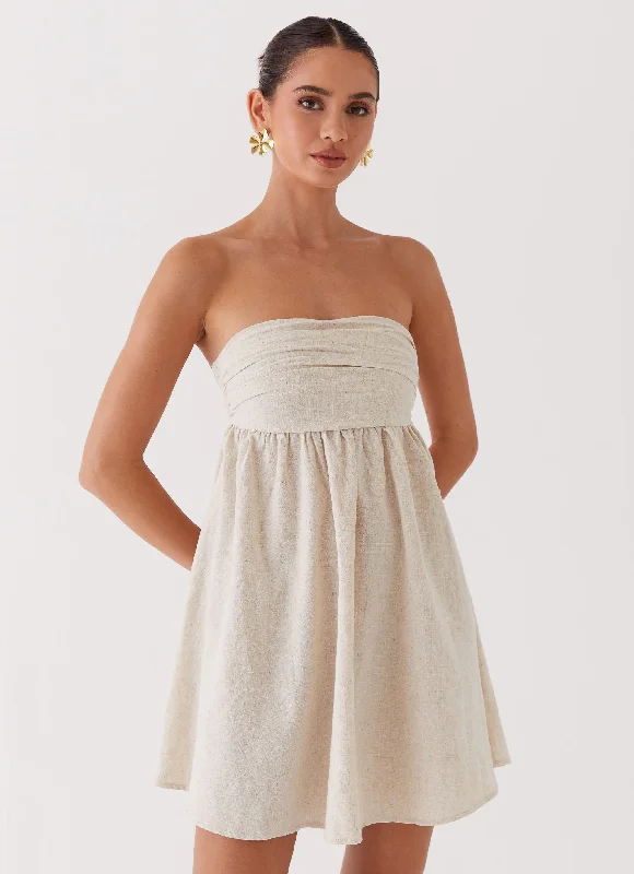 Women's Formal Mini Dress-Night Changes Linen Mini Dress - Oatmeal
