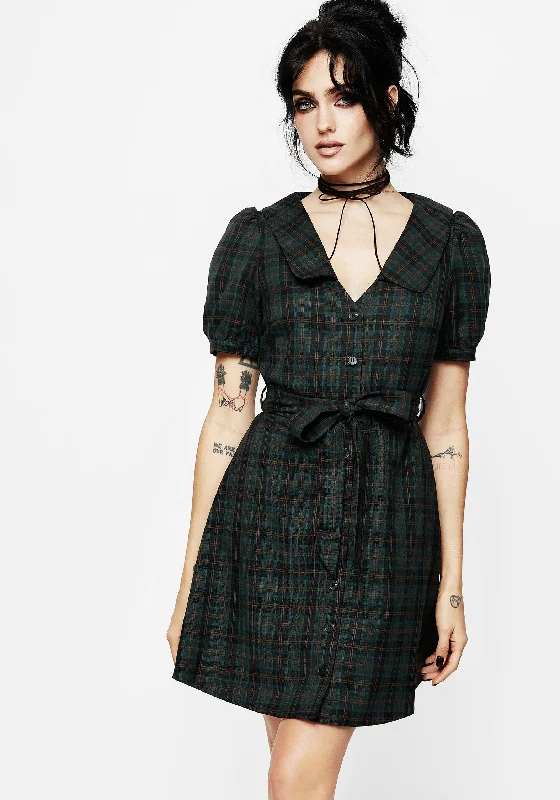 Women's Slim-fit Shirt Dress-Nightingale Check Collar Mini Shirt Dress