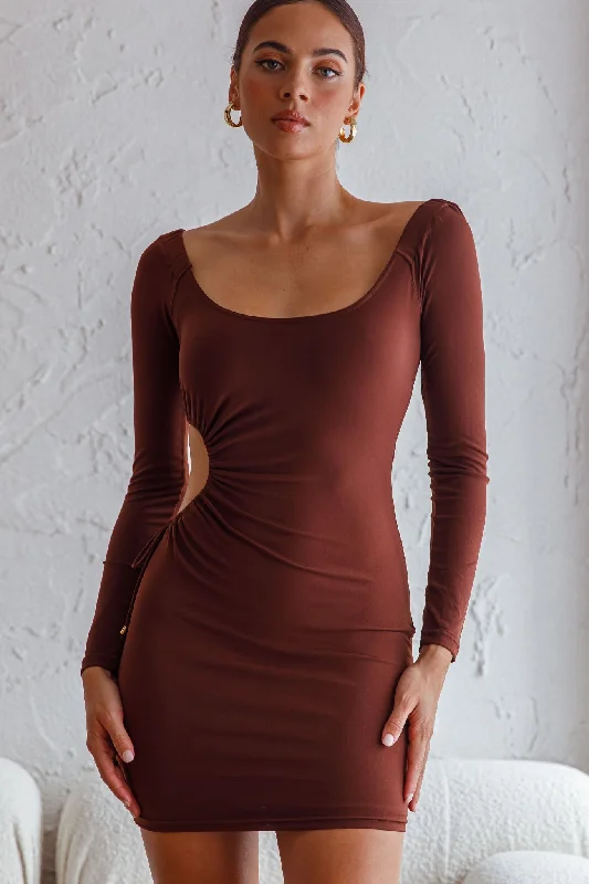 Women's Bodycon Dress for Office Party -Nikola Cut-Out Feature Long Sleeve Bodycon Mini Dress Chocolate