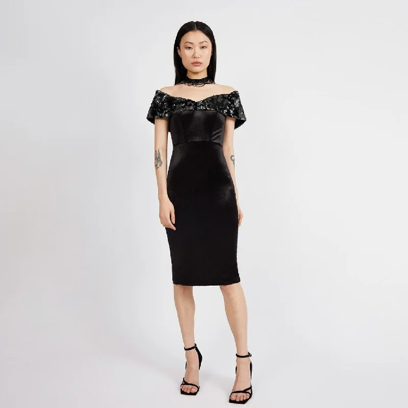 Satin Skirt Party Dress for Evening Look -Black Silk Velvet Cocktail Dress with Sequin Embellished Neckline from Deadstock fabrics Satin Skirt Party Dress for Evening Look -Black Silk Velvet Cocktail Dress with Sequin Embellished Neckline from Deadstock fabrics