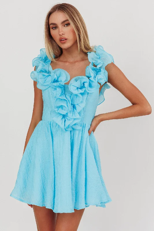 Women's Blush Satin Mini Dress-Nivaya Ruffle Neckline Mini Dress Ocean