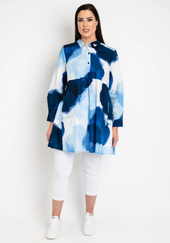 Women's Party Shirt Dress-Noen Curve Watercolour Print Shirt Dress, Blue