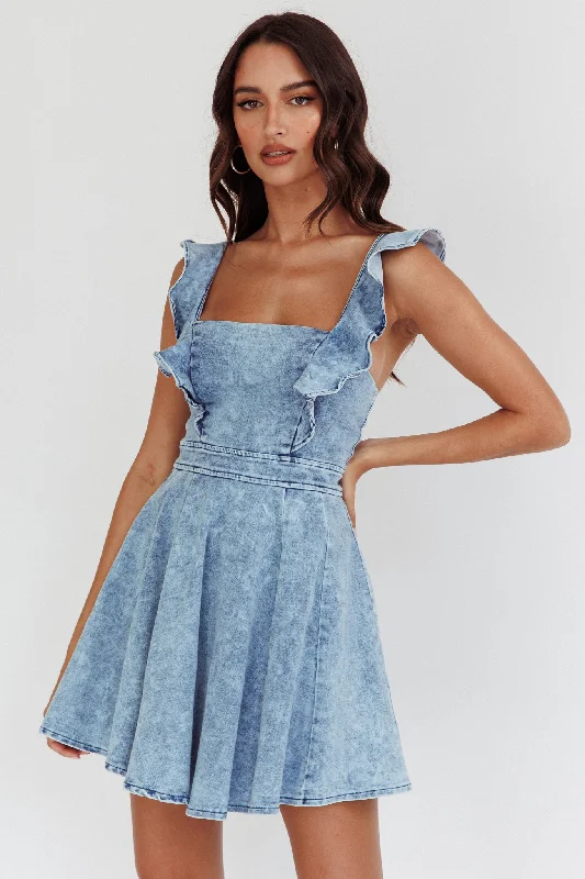 Women's Drawstring Mini Dress-Nola Ruffle Strap Mini Dress Light Denim
