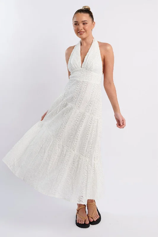 Women's Midi Length Maxi Dress-Nolita Halterneck Lace Overlay Maxi Dress White