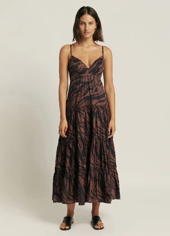 Women's Backless Maxi Dress-Nomade Tiered Maxi Dress - Burnt Clay/Black