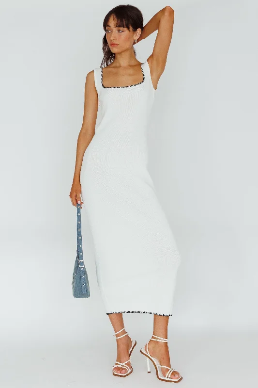 Women's Modest Maxi Dress-North Shore Blanket Stitch Knit Maxi Dress White
