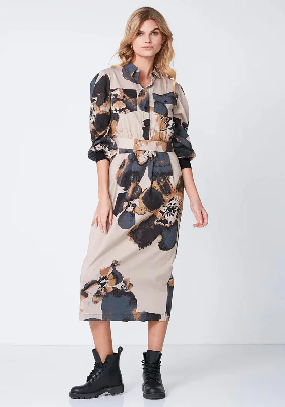 Long-sleeve Cotton Shirt Dress-NU Denmark Robina Floral Print Maxi Shirt Dress, Multi