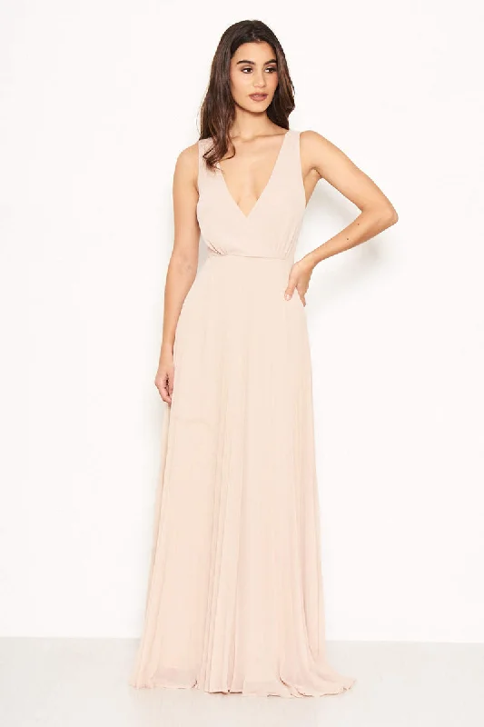 Women's Adjustable Strap Maxi Dress-Nude Pleated Maxi Dress With Lace Straps