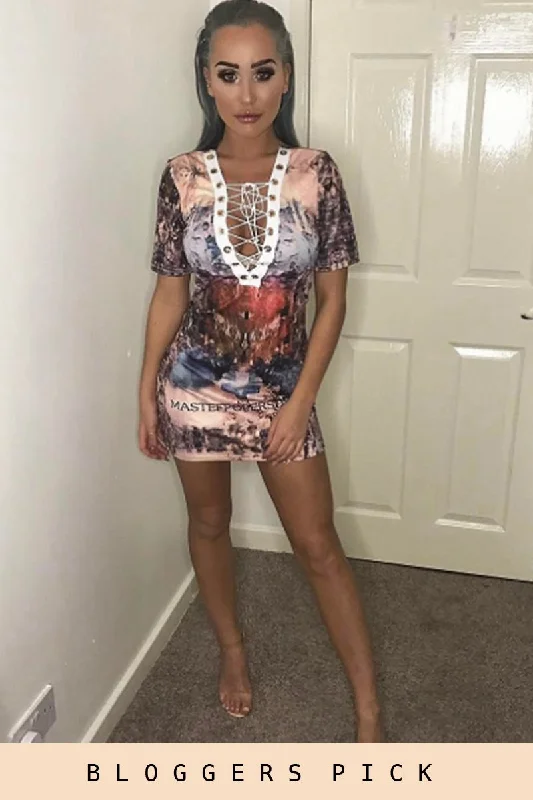 Flared Shirt Dress-Nude Printed Lace Up T-shirt Dress - Tasha