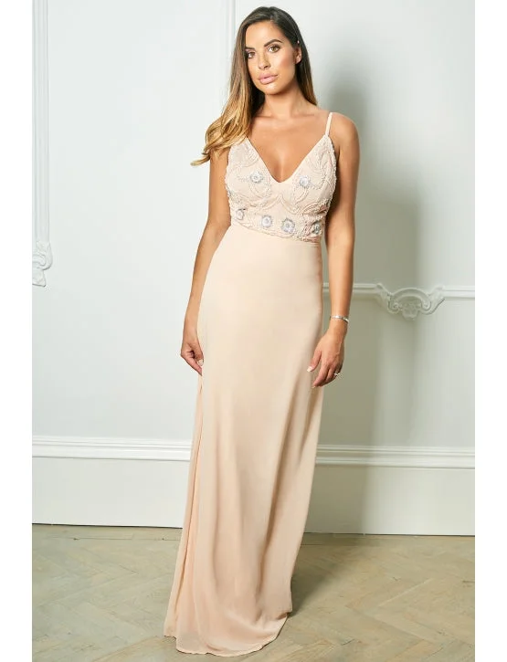 Women's Midi-length Maxi Dress-Nude Strappy Embroidered Bodice Maxi Dress