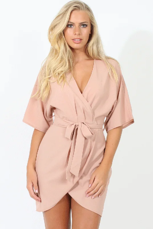 Wrap Dress with Color-block Design -Sexy Red Wrap Dress -Nude Wrap Around Pleated Tie Waist Dress - Lilith Wrap Dress with Color-block Design -Sexy Red Wrap Dress -Nude Wrap Around Pleated Tie Waist Dress - Lilith