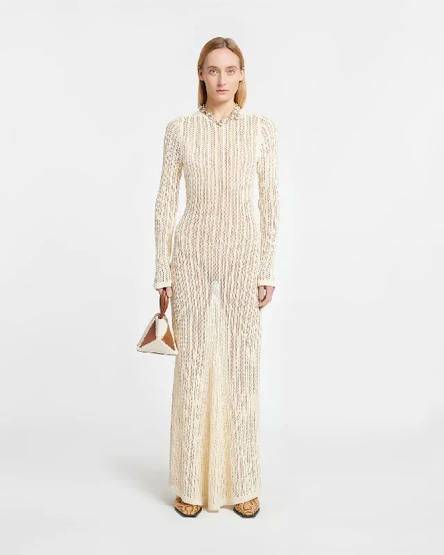 Women's Knit Maxi Dress-Valene - Crochet Maxi Dress - Creme