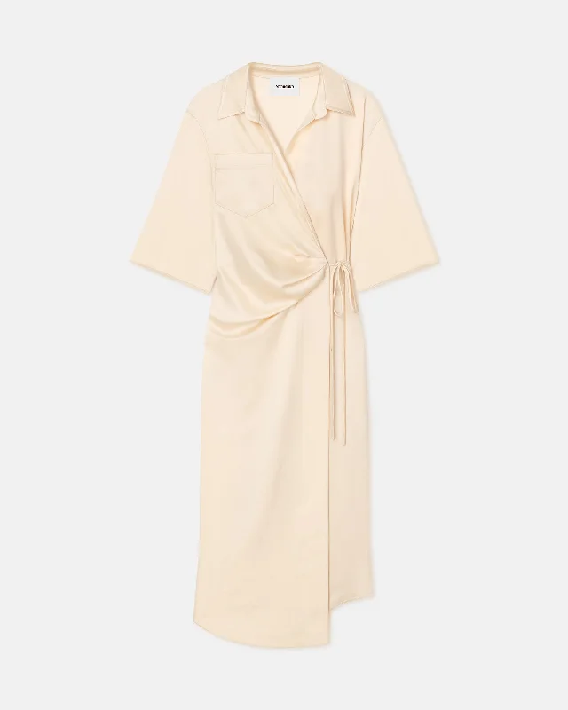 A-line Cotton Shirt Dress-Lais - Draped Front Shirt Dress - Creme
