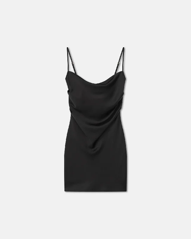 Slip Dress with Crisscross Back -Satin Slip Dress with Sheer Sleeves -Seren - Slip Satin Mini Dress - Black