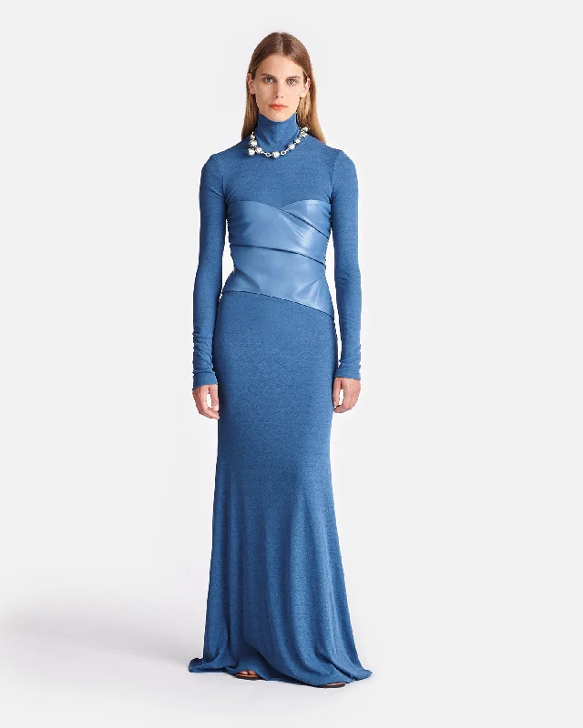 Women's Halter Neck Maxi Dress-Amabel - Mesh Jersey And Okobor™ Alt-Leather Maxi Dress - Blue Women's Halter Neck Maxi Dress-Amabel - Mesh Jersey And Okobor™ Alt-Leather Maxi Dress - Blue