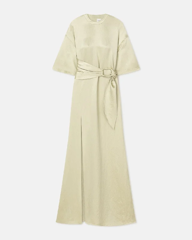 Women's Lace-back Maxi Dress-Maelys - Belted Crinkled-Satin Maxi Dress - Green Tea