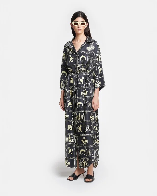 Casual Shirt Dress with Belt-Damala - Printed Shirt Dress - Folk Art Black