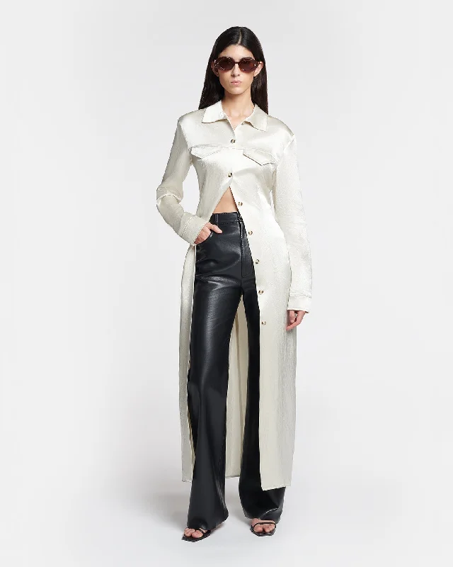 Stylish A-line Shirt Dress-Zaylor - Crinkled-Satin Shirt Dress - Ecru