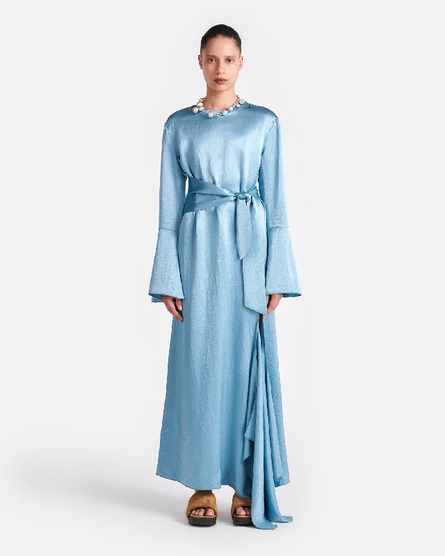 Women's Wraparound Maxi Dress-Jabelle - Belted Crinkled-Satin Maxi Dress - Aqua