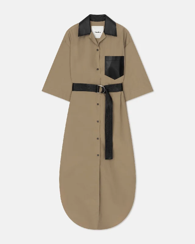 Trendy Casual Shirt Dress-Meilani - Belted Tech Poplin Shirt Dress - Muted Khaki