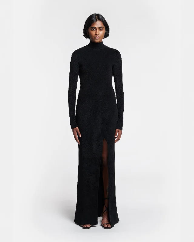 Women's Casual Long Maxi Dress-Beyla - Chenille Turtleneck Maxi Dress - Black