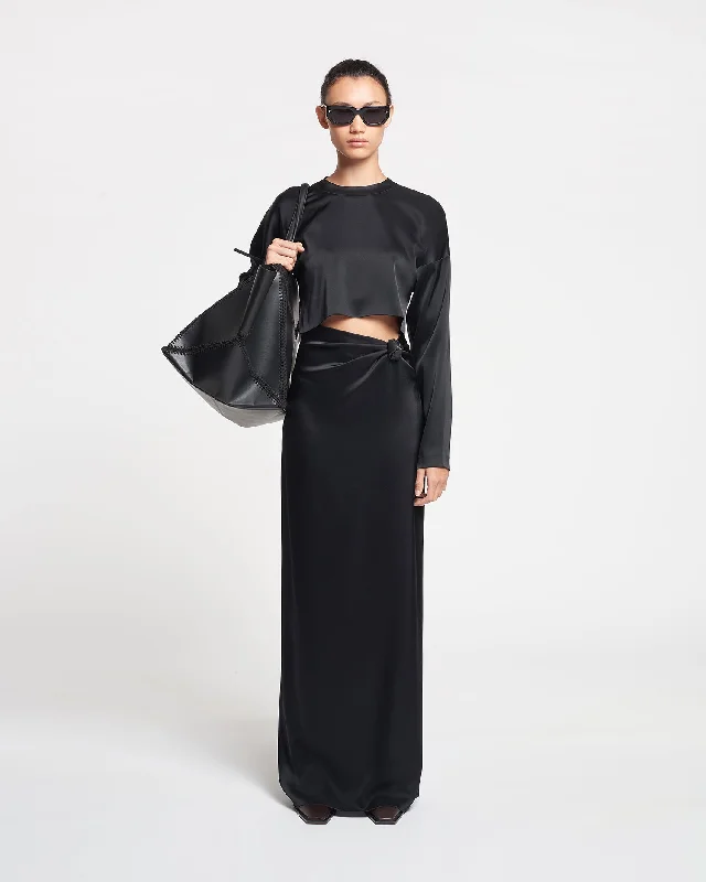Slip Dress with Tie at Waist -Women's Satin Slip Dress for Special Event -Beatriz - Slip Satin Maxi Dress - Black