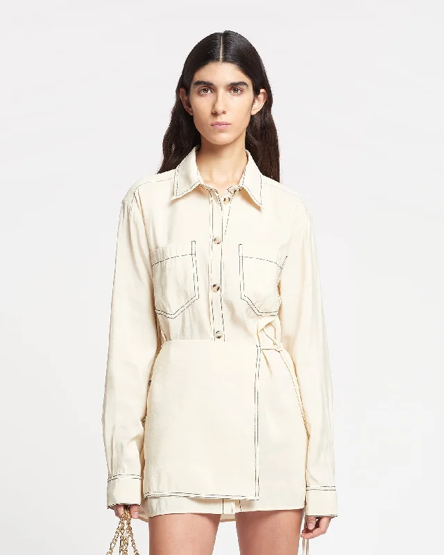 Women's Button-down Plaid Shirt Dress-Metta - Glass Poplin Shirt Dress - Oat