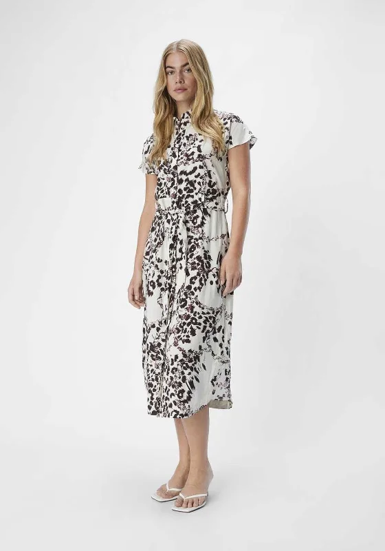 Grey Shirt Dress-Object Filla Printed Midi Shirt Dress, White Sand