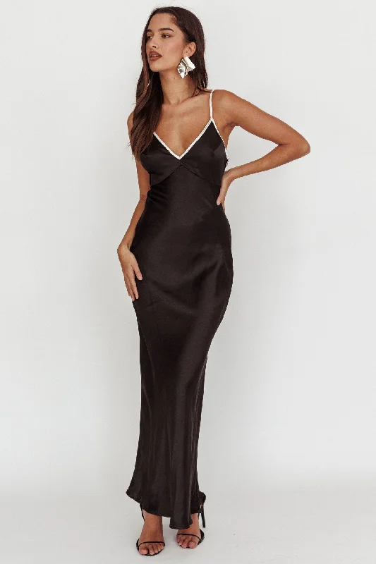 Satin Slip Dress with Lace Back and Front -Silk Satin Slip Dress for Bridal Wear -Odyssey Contrast Satin Maxi Slip Dress Black