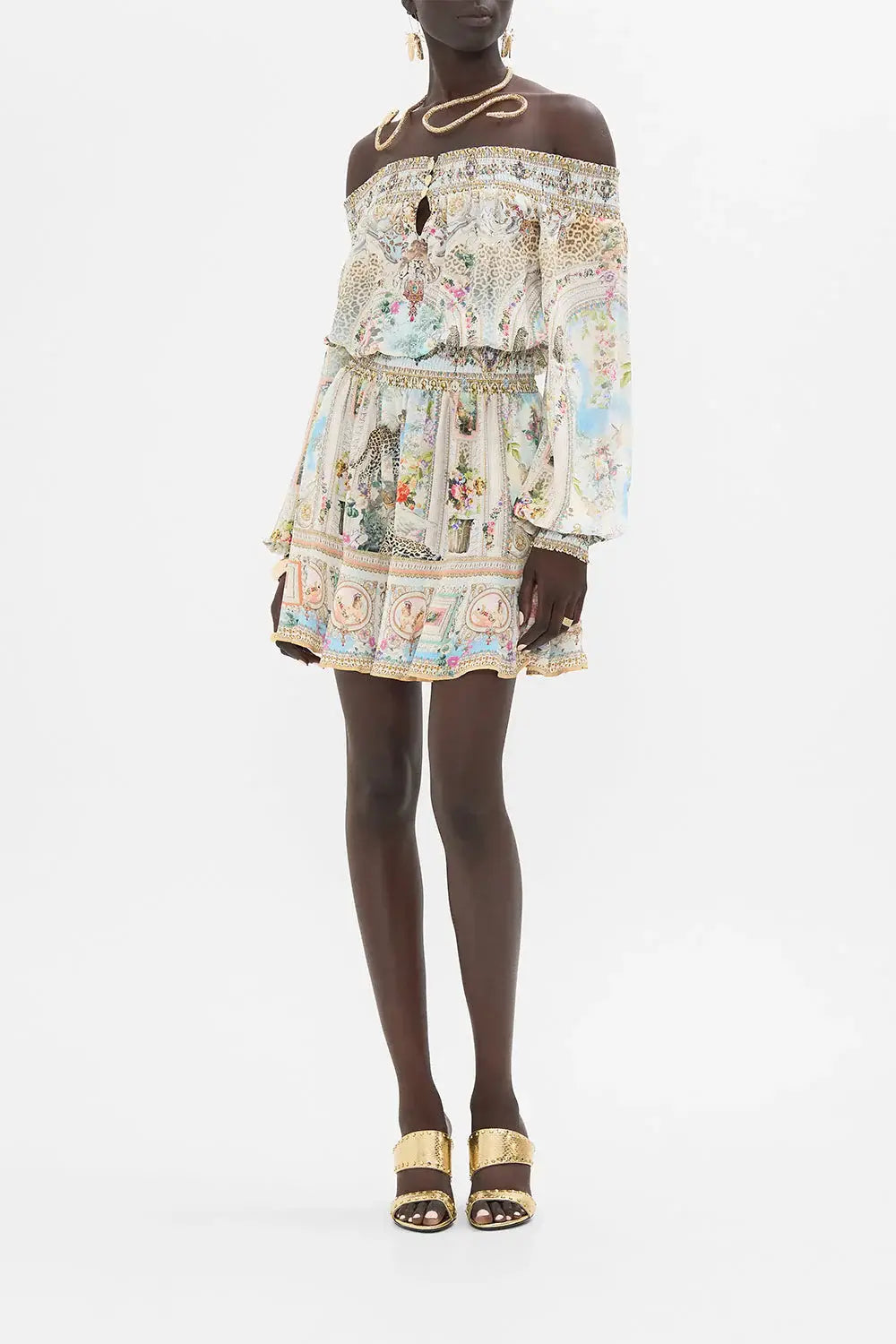 Embellished Button-up Shirt Dress-Off Shoulder Short Dress in Alexandria