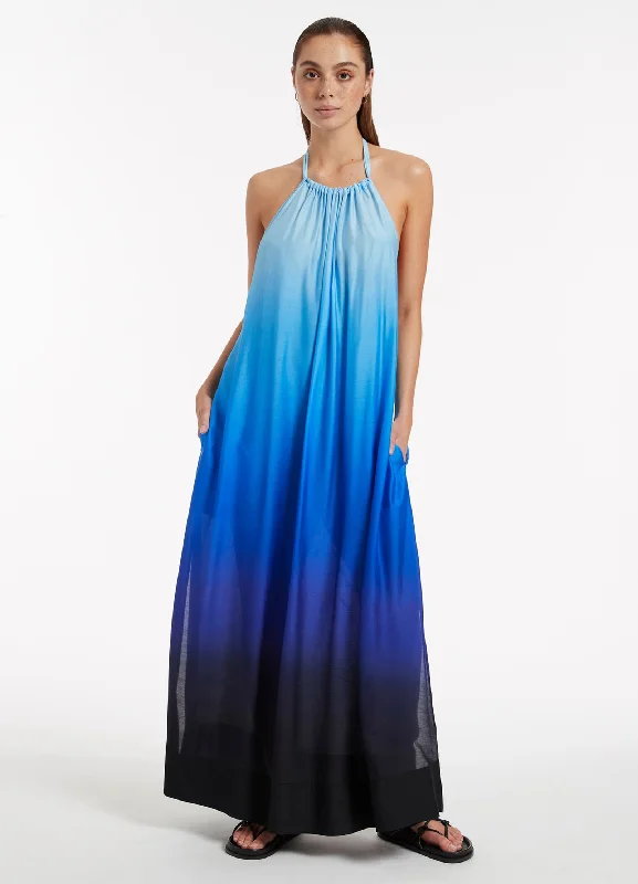 Women's A-line Pleated Maxi Dress-Oia Sunset Halter Maxi Dress - Ocean