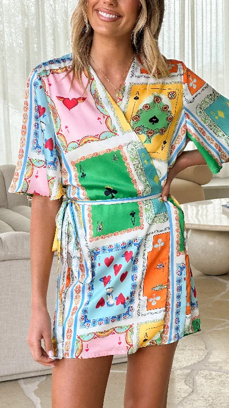 Elegant Wrap Dress with Belted Waist -Wrap Dress with Chiffon Sleeves -Olicia Wrap Dress - Poker Print Elegant Wrap Dress with Belted Waist -Wrap Dress with Chiffon Sleeves -Olicia Wrap Dress - Poker Print