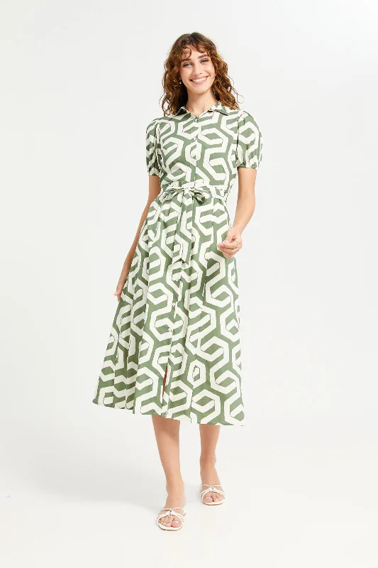 Plaid Shirt Dress for Autumn-Women Olive And Ivory Printed Shirt Dress