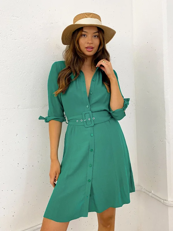 Off-the-shoulder Shirt Dress-Olivia Mini Belted Shirt Dress / Green