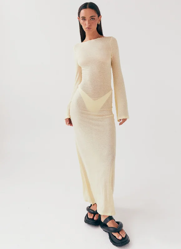 Women's Strappy Maxi Dress-Olivia Long Sleeve Maxi Dress - Lemon