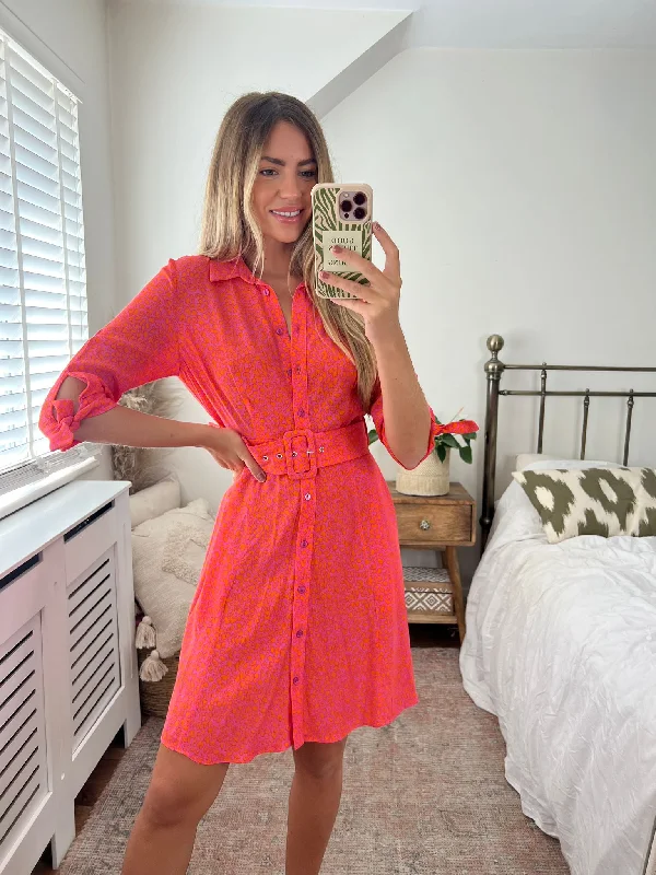 Dark Blue Shirt Dress-Olivia Mini Belted Shirt Dress / Pink Animal Print