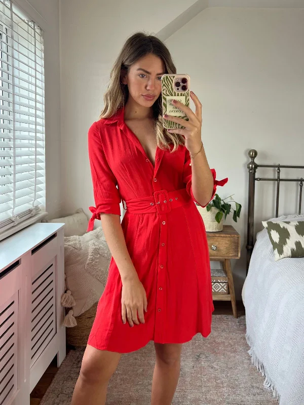 Wide-cuff Shirt Dress-Olivia Mini Belted Shirt Dress / Red